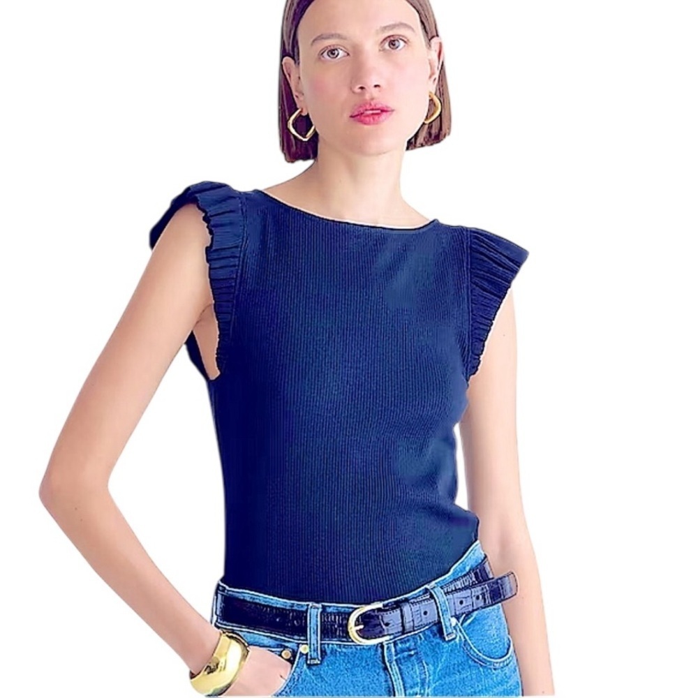 NEW J. CREW Vintage‎ rib ruffle boatneck tank top in navy blue Size XS